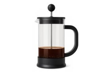 French press coffee maker with dark roasted coffee inside, brewing a fresh beverage, isolated on transparent background