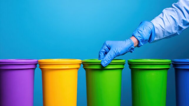A gloved hand sorting colorful recycling bins against a bright blue background, promoting eco-friendly practices