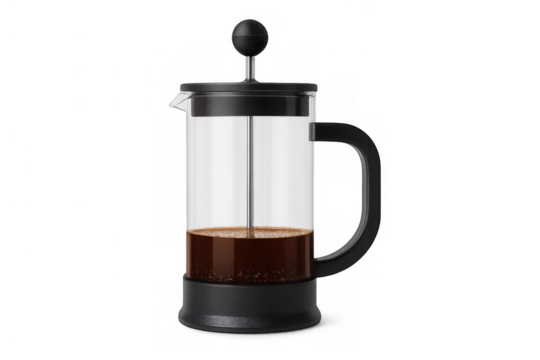 French press coffee maker with dark roasted coffee inside, brewing a fresh beverage, isolated on transparent background