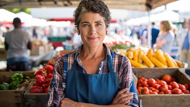 Caucasian woman farmer's market vendor in her forties smiling warmly at stalls
