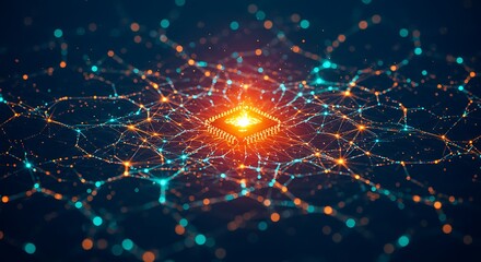 Abstract digital network connections with glowing central processor or chip, representing artificial intelligence and data processing