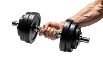 Hand holding dumbbell isolated on transparent background during weightlifting workout