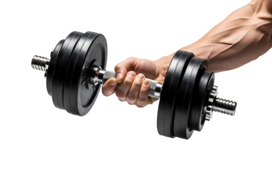 Hand holding dumbbell isolated on transparent background during weightlifting workout
