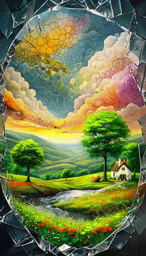 immagine surreale di un cielo dai colori frattali che si trasforma nell'immagine di un tranquillo villaggio di campagna, surreal image of a fractal-colored sky transforming into the of a peaceful