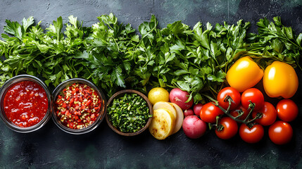 chopped vegetables and wok ingredients on dark green surface, Asian stir fry prep