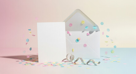 Blank greeting card and envelope mockup with colorful confetti and ribbons.