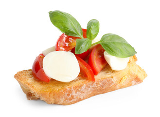 Tasty bruschetta with mozzarella cheese, tomatoes and basil isolated on white