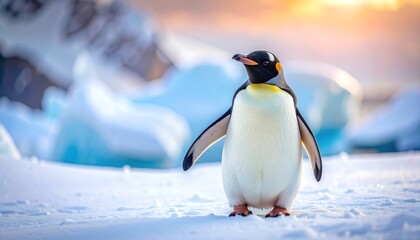 Fototapeta premium Emperor penguin standing on snowy surface with ice formations and colorful polar sky at sunrise or sunset