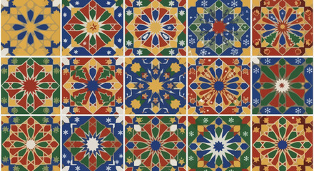 Vibrant mosaic tiles featuring intricate geometric patterns in festive red, green, and blue hues with golden accents and subtle snowflake motifs