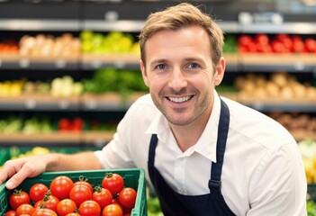 Close-up of a Caucasian store manager in his late 30s among fresh produce.