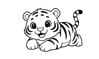 baby tiger lying playfully on its belly, in a cute cartoon style, ready for a coloring page vector design