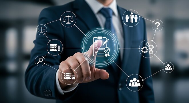 Businessman interacting with a futuristic digital interface showcasing icons for compliance, data management, and team collaboration in a business context