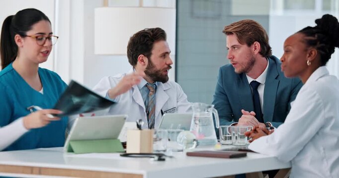 X ray, tablet or doctors with hospital lawyer in meeting, patient case discussion or malpractice lawsuit. Healthcare, review body scan or people talk for medical litigation, tech or neglect complaint