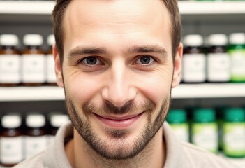 Extreme close-up of a Caucasian health food store employee in his early 30s.