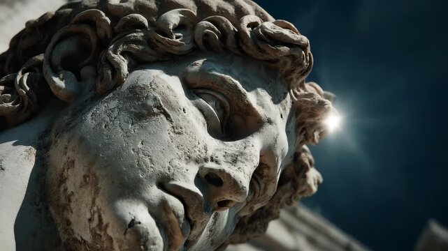 Close-up of the Head of Michelangelo's David Statue, showcasing the Texture and Detail, with Sun Flare Against a Dark Blue Sky