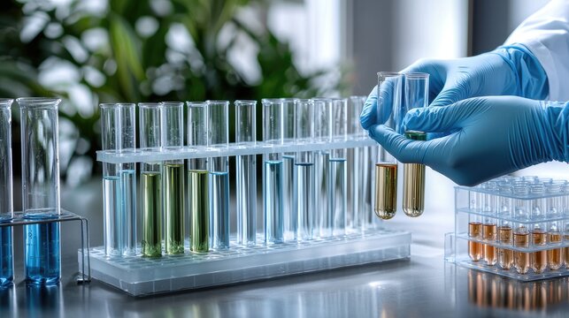 A researcher in gloves measures blue liquid into test tubes while conducting a scientific experiment in a lab