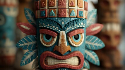 Close-up of Colorful Wooden Tiki Mask with Angry Expression and Decorative Leaves, Traditional Polynesian Art and Culture - Powered by Adobe
