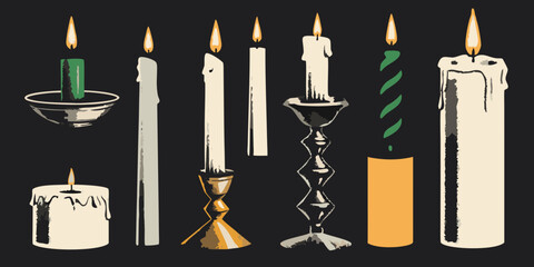 A collection of diverse lit candles in various holders and styles on a dark background