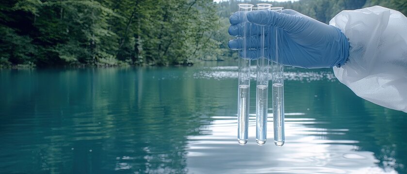 Hands in blue gloves hold two glass containers filled with water from a clear stream surrounded by lush greenery, indicating a study