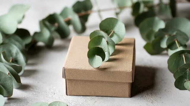 Ultra HD A beautifully arranged gift box with eucalyptus leaves, symbolizing a natural and heartfelt present, perfect for celebrating special occasions with a touch of botanical charm 