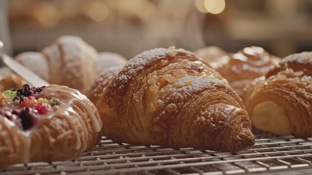 Freshly baked croissants and pastries displayed on a cooling rack in a warm bakery setting