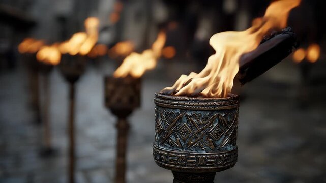 Row of Ornate Bronze Torches Burning Brightly with Flickering Flames in a Medieval or Fantasy Setting, Creating a Dramatic Atmosphere