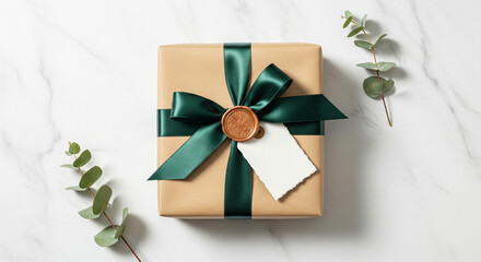 Elegant craft paper gift box with green ribbon, wax seal, and blank tag mockup.