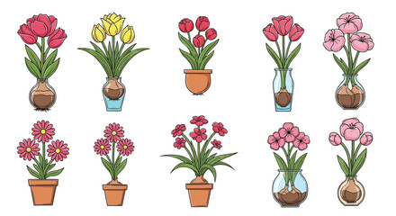 Obraz premium A collection of potted and vase-arranged blooming flowers in various colors and containers.