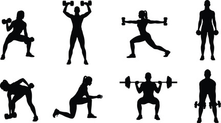 Female fitness silhouette set, woman working out with weights, gym training poses, sport vector collection isolated.
