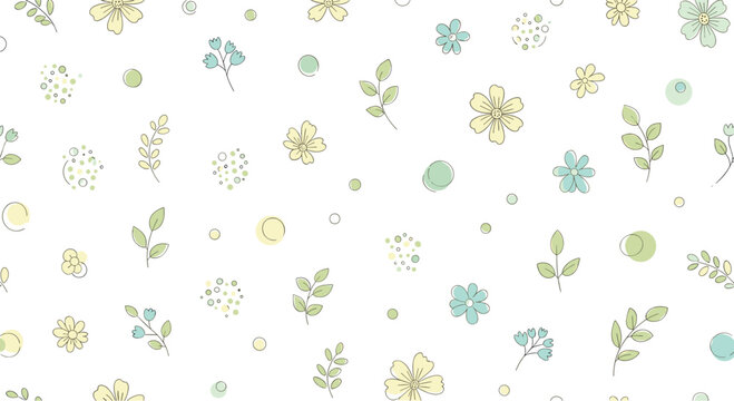 A delicate watercolor floral pattern with scattered leaves and dots.
