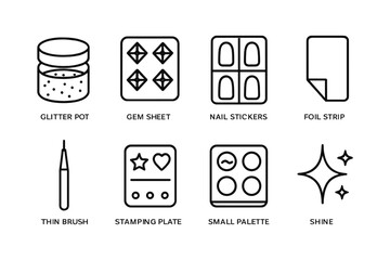 Minimalist nail art tools and accessories icons for beauty enthusiasts