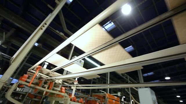 The process of making ceramic tiles. Ceramic tile manufacturing plant. A production line or conveyor belt at a ceramic and porcelain tile factory. Ceramic Tile Making Machine Conveyer Line. Close-up.