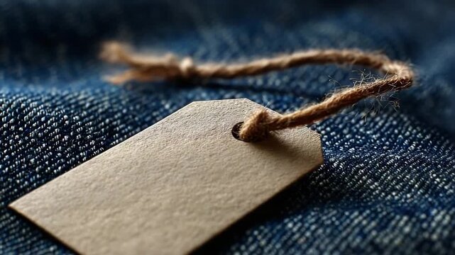 Ultra HD Closeup of a blank brown paper tag with a rustic twine string, lying on a textured blue denim surface, perfect for adding a personalized message or branding element - Powered by Adobe