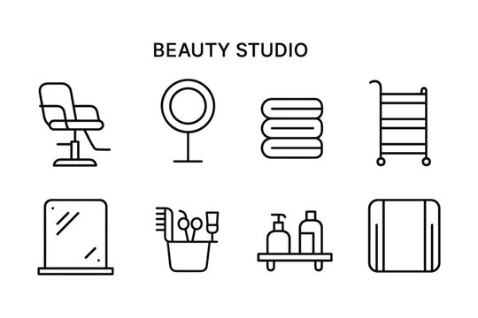 Minimalist beauty salon icons: chair, mirror, towels, cart, mirror, tools, bottles, dryer