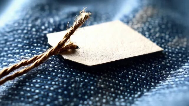 Ultra HD A closeup shot of a blank brown paper tag with a rustic twine string, resting on textured blue denim, ideal for adding custom text or branding elements 