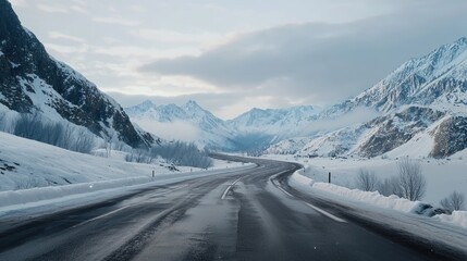 A scenic roadway covered in snow leads through tall mountains, creating a calm and peaceful winter landscape