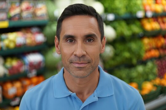 Hispanic supermarket manager in a blue polo stands in fresh produce section