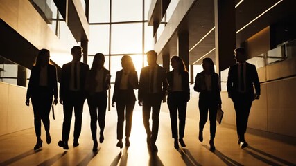 Group of professionals in suits walking confidently through a modern office space with sunlight streaming in