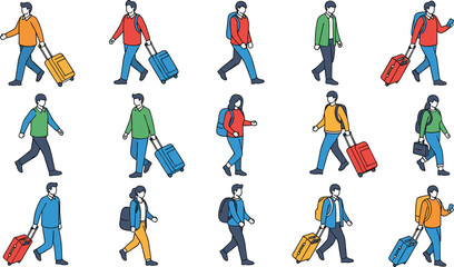 Traveling people with luggage and backpacks, walking passengers, airport tourists, vacation journey characters, modern travel lifestyle illustration