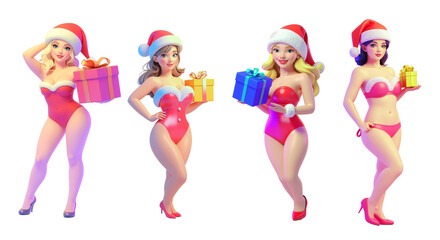 A set of four 3D render cartoon Santa girl characters holding Christmas gifts. Sexy female mascots in red bodysuits, hats, isolated on a transparent background, Sales Banners. Illustration pack. PNG