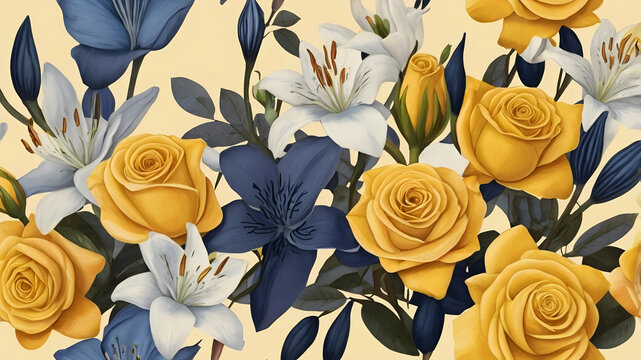 An elegant seamless floral pattern featuring golden yellow roses, pristine white lilies, and deep navy blue flowers on a cream background