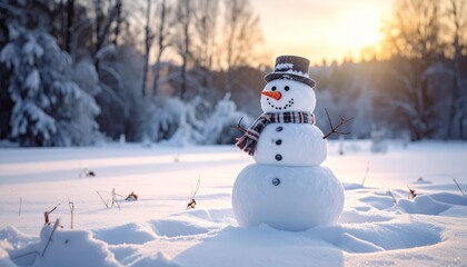 Obraz premium Smiling Snowman with Hat and Scarf in Snowy Landscape at Sunset