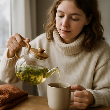 Young woman pouring herbal tea into mug while sitting at table  