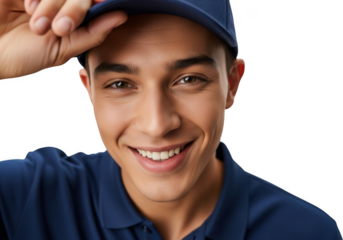 Young man wearing a dark blue baseball cap and polo shirt with a friendly smile isolated on transparent background