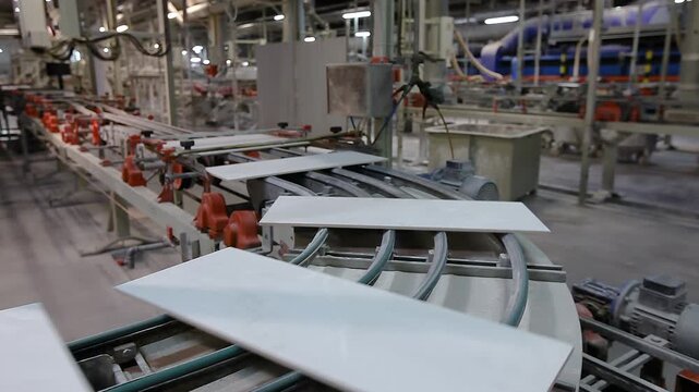 A production line or conveyor belt at a ceramic and porcelain tile factory. Automated production line of a ceramic tile and porcelain tile plant. Ceramic Tile Making Machine Conveyer Line. Close-up.