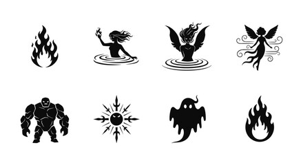 Mythical elemental icons featuring fire, water, wind, and earth creatures