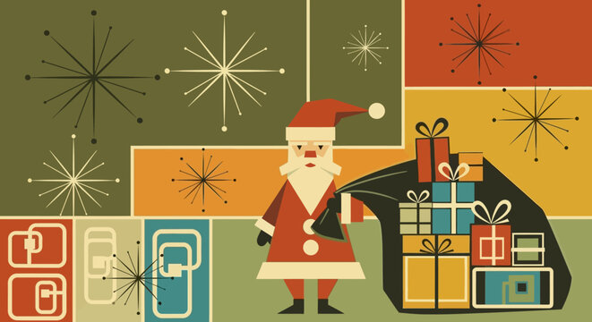 Retro Santa Claus delivering presents amidst geometric starbursts and mid century modern design elements for festive holiday greetings