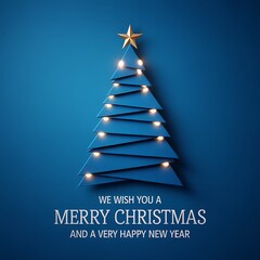 Creative christmas tree made of blue triangles and star on blue background square banner