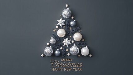 Creative christmas tree made of silver ornaments on gray background square banner
