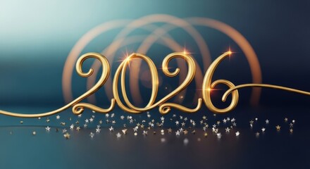 Golden inscription of 2026 on a blue background with stars confetti